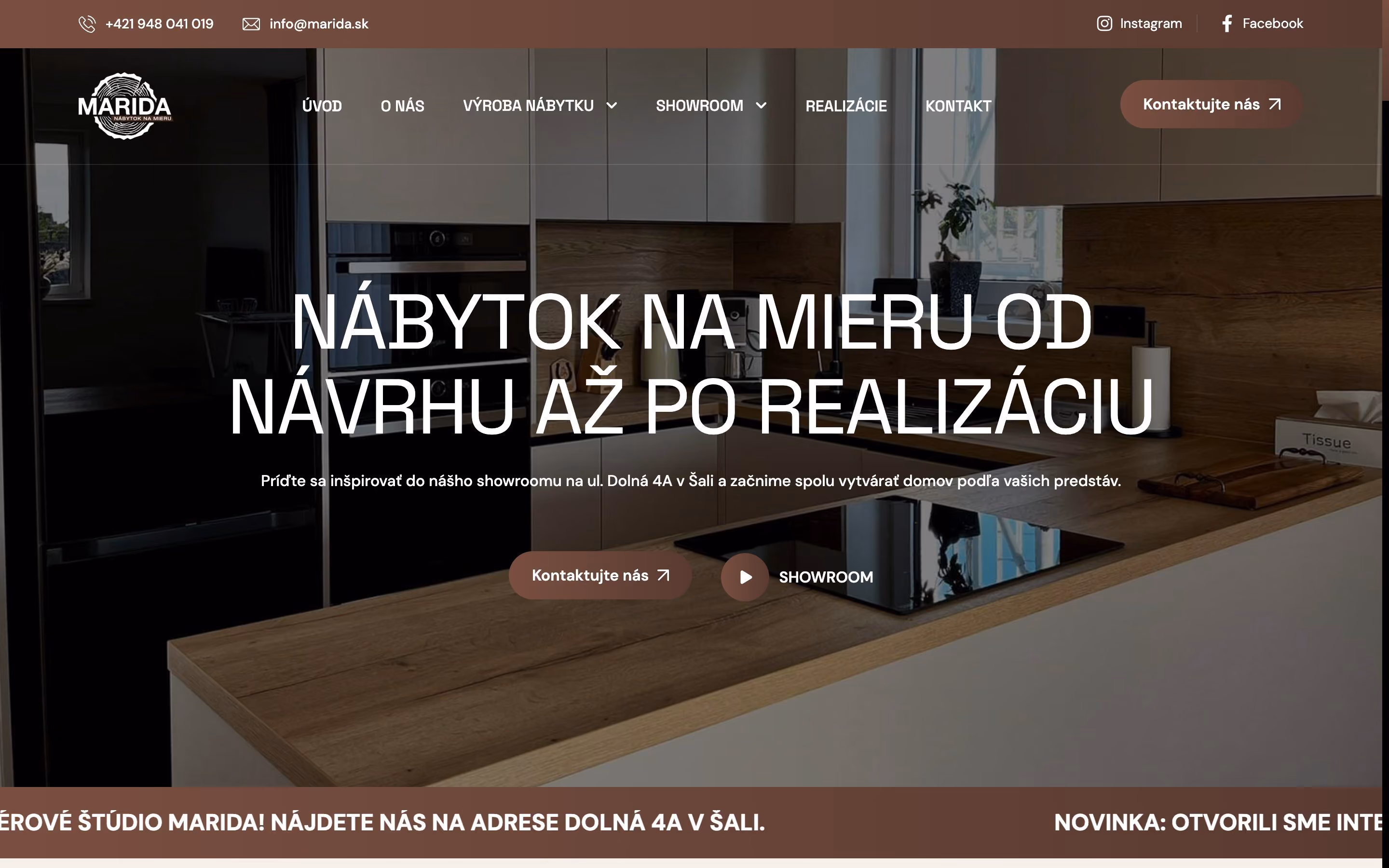 Úvodná stránka webu MARIDA na počítači