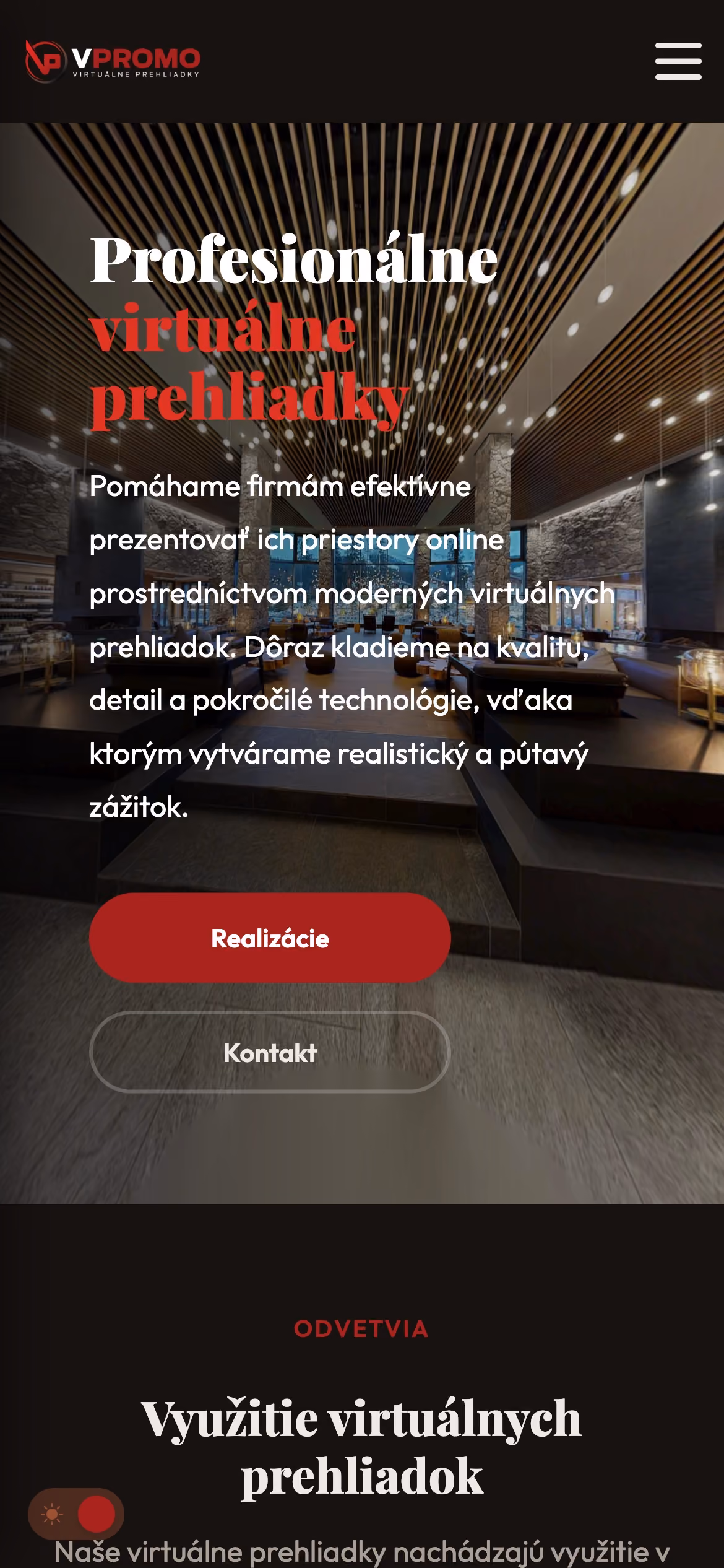 Úvodná stránka webu VPROMO na mobile v tmavej verzii