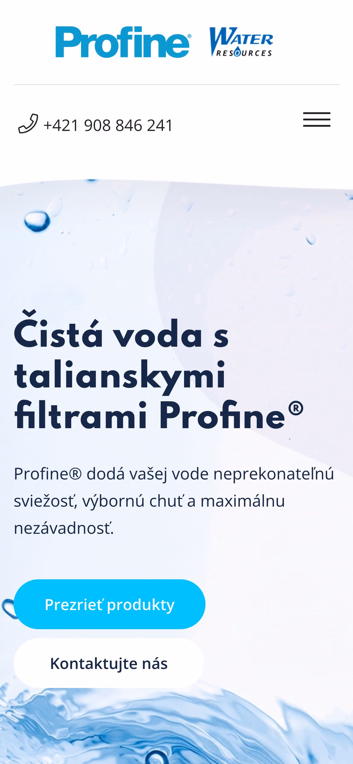Úvodná stránka webu Profine na mobile