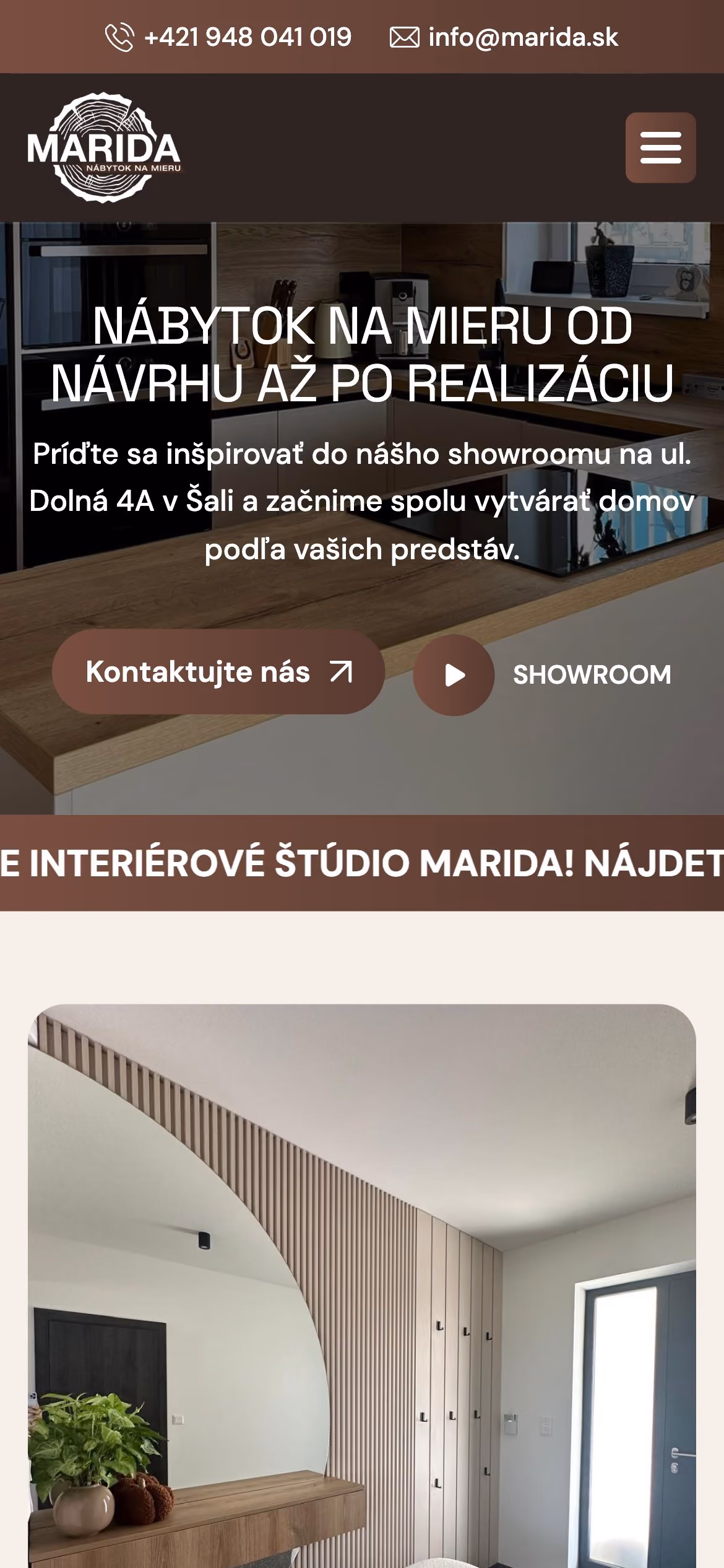 Úvodná stránka webu MARIDA na mobile